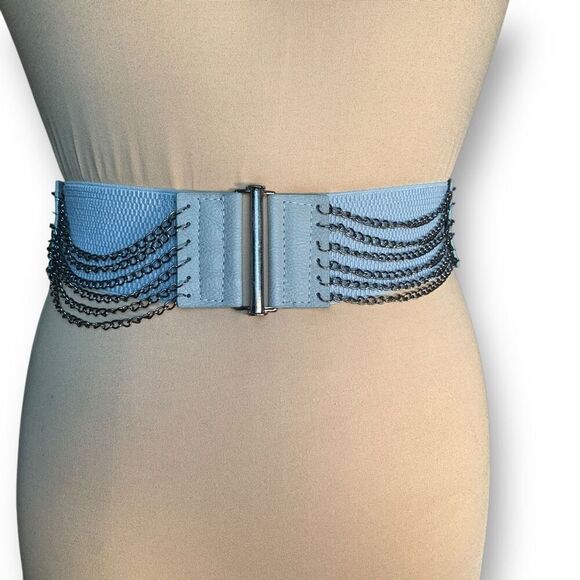 Vintage Y2K Gray Leather Elastic Metal Chain Statement Belt Waist Cincher New - Picture 1 of 7